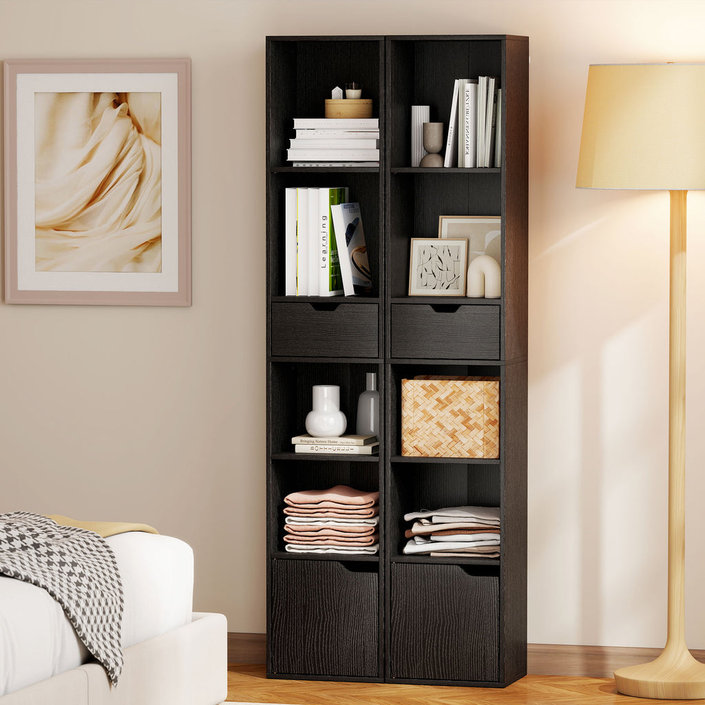6-Tier Bookcase, Tall Narrow Bookshelf with Drawer and Door - Black