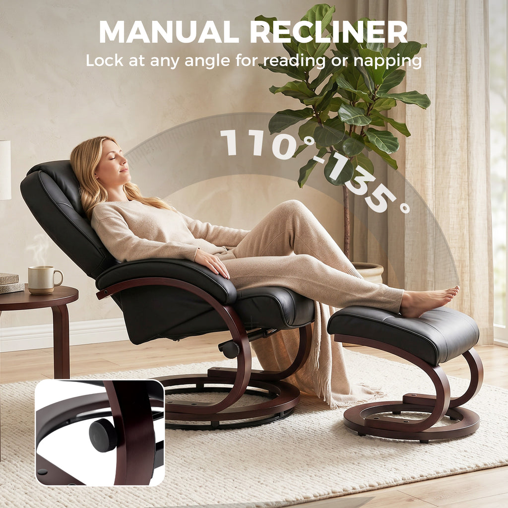 Swivel Recliner Chair with Footstool, PU Leather Recliner Armchair with Adjustable Back and Wood Frame, Black