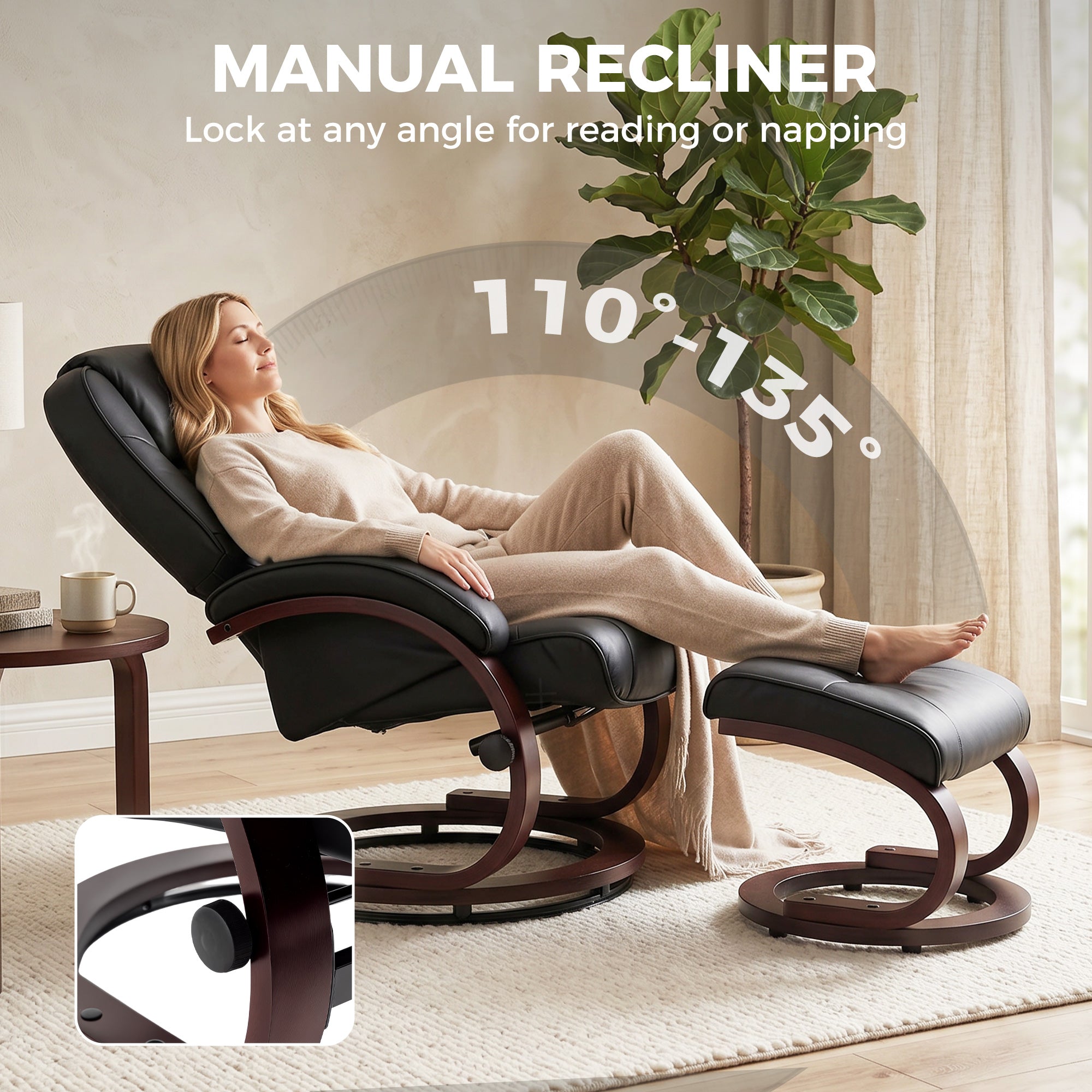 Swivel Recliner Chair with Footstool, PU Leather Recliner Armchair with Adjustable Back and Wood Frame, Black