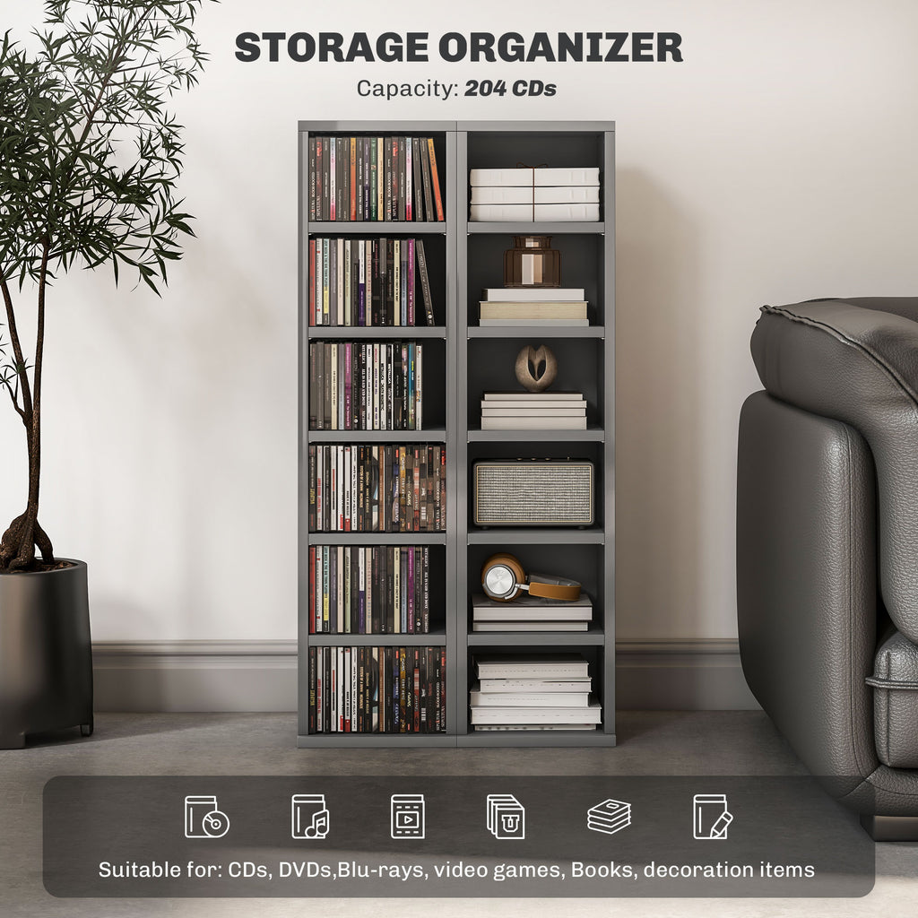 Set of 2 CD Media Display Shelf Unit Tower Rack with Adjustable Shelves, High Gloss Grey