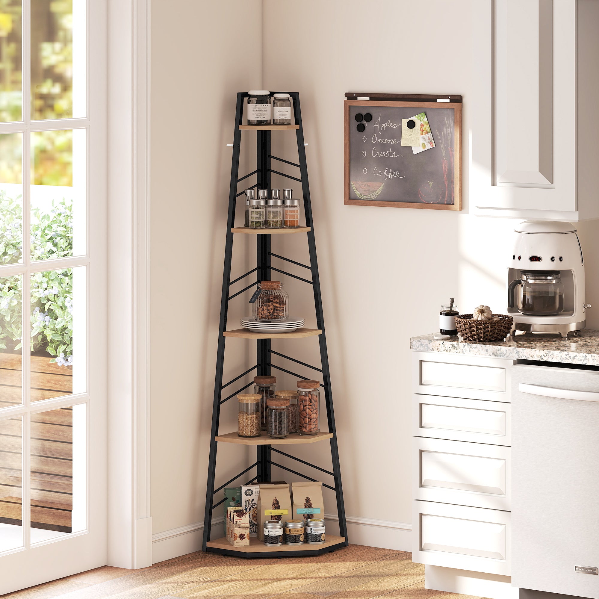 Corner Bookcase, 5-Tier Floor Standing Bookshelf, Shelving Unit for Living Room, Study, Bedroom, Natural Wood Finish