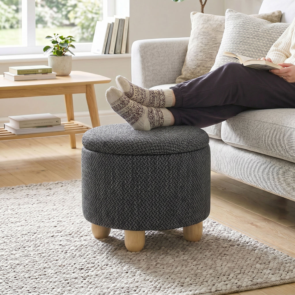 Storage Sitting Bench with Lid, Round Storage Ottoman with Rubberwood Legs, Dark Grey
