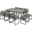 Grey rattan cube dining set with six chairs, four stools and wood-effect table