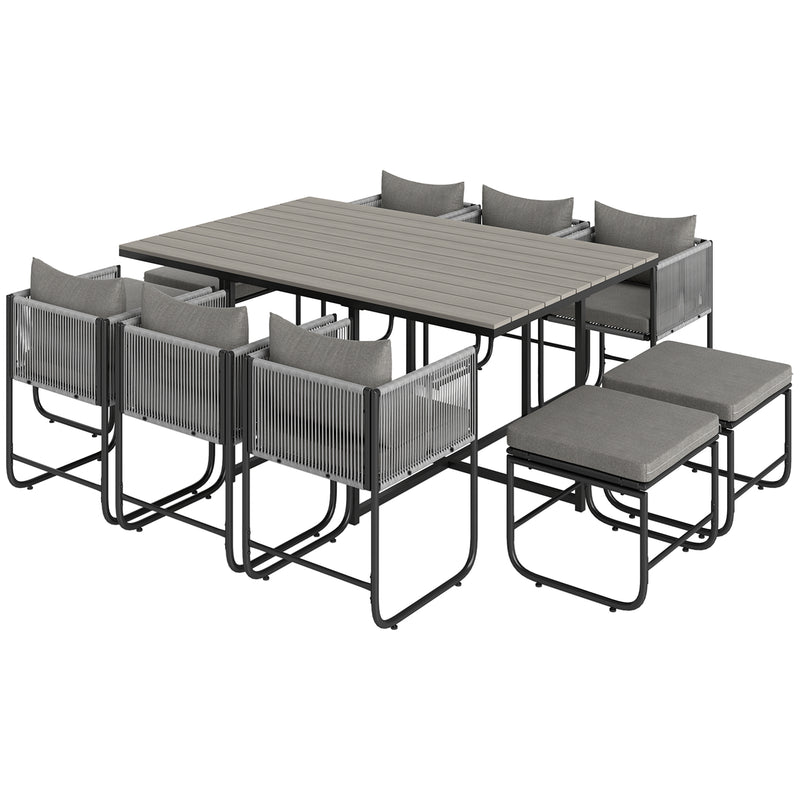 Grey rattan cube dining set with six chairs, four stools and wood-effect table