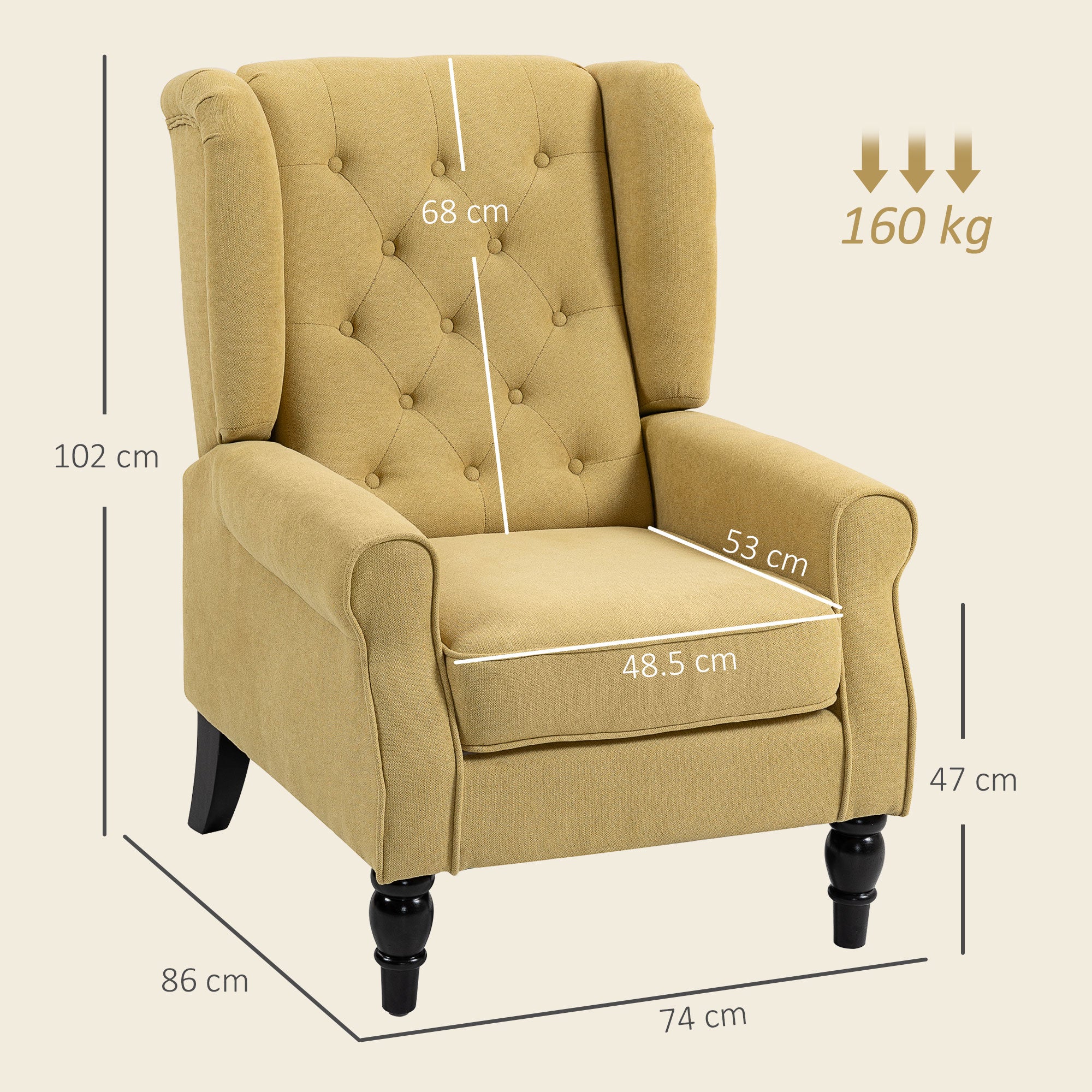 Wingback Accent Chair, Retro Upholstered Button Tufted Occasional Chair for Living Room and Bedroom, Yellow