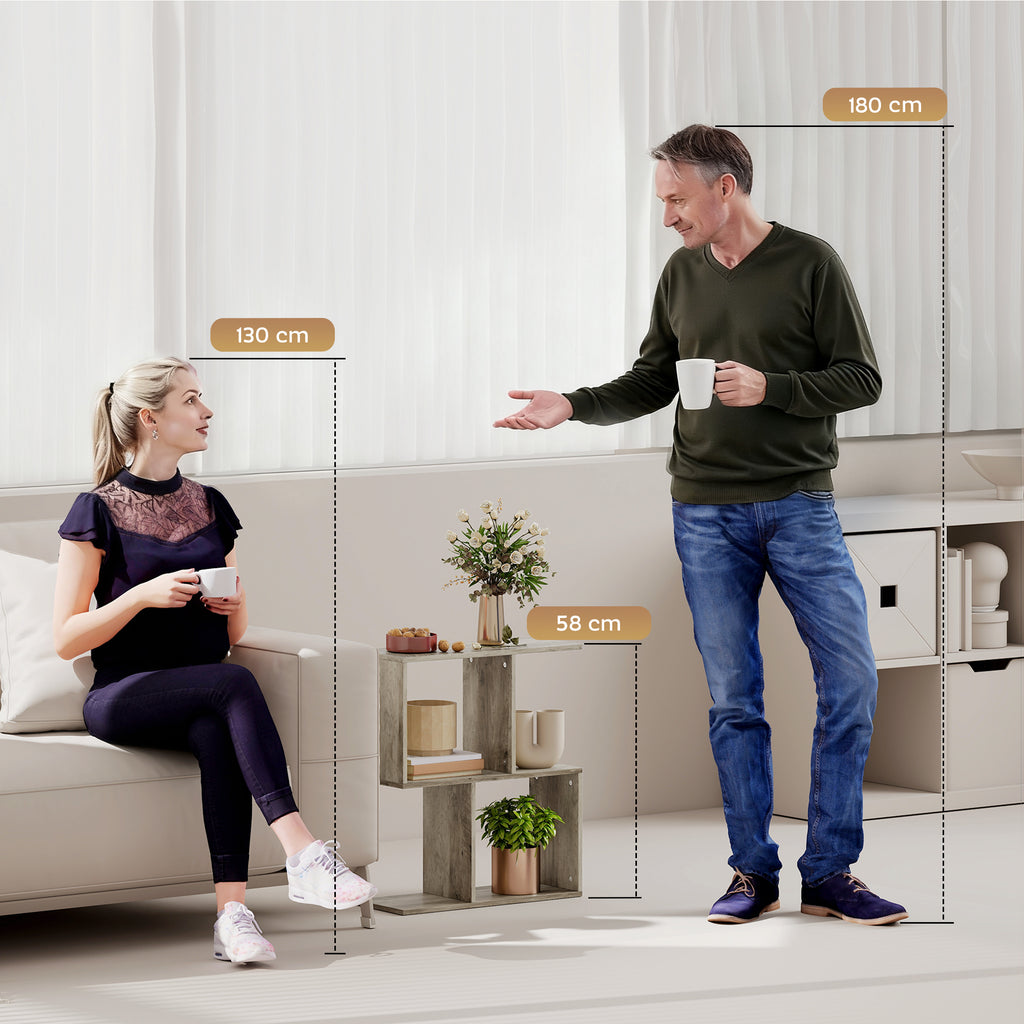 Side Table, Narrow End Table with Storage Shelves, S-Shaped, 3-Tier, 50W x 19.5D x 58H cm, Grey