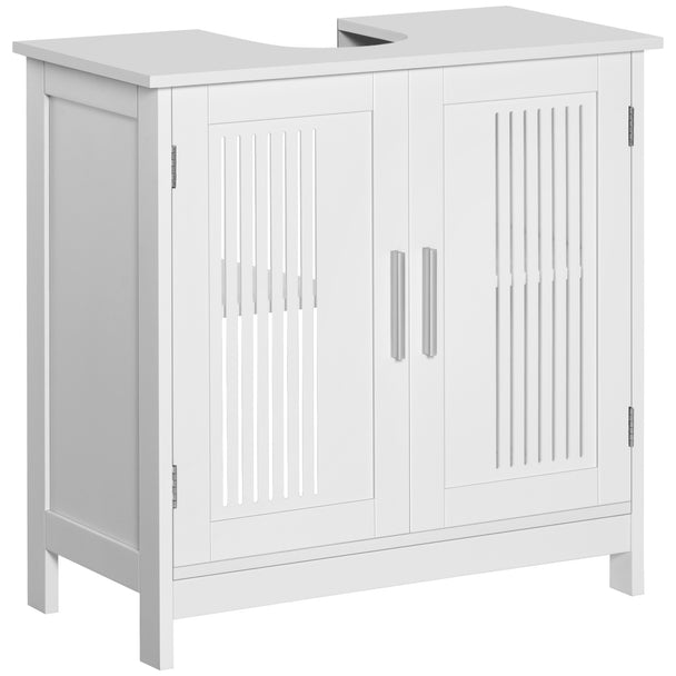 White under sink cabinet with slatted doors and U-shaped pipe cut-out beneath a pedestal basin