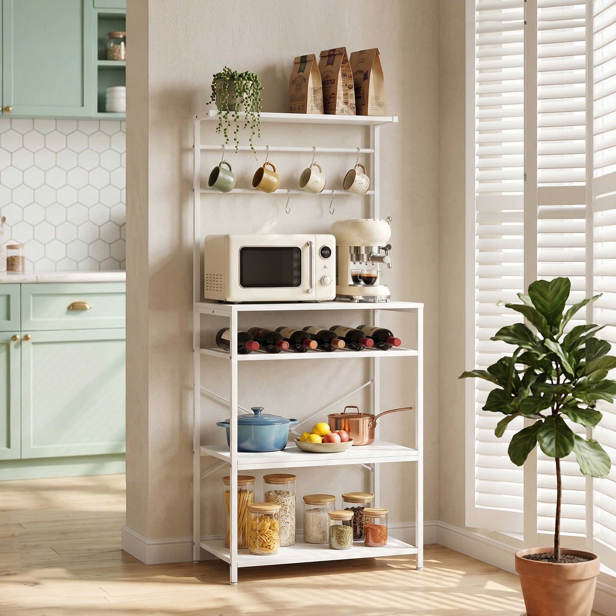 Freestanding Shelving Unit, Industrial Storage Shelf with 6 Hooks and Wine Rack for Living Room, Home Office, White