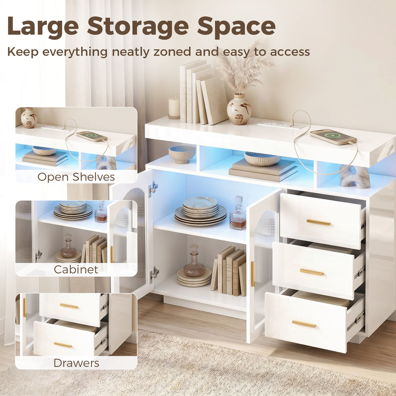 HOMCOM High Gloss Sideboard with LED Lights, Built-in Power Outlets, 3 Drawers, Shelves and 2 Acrylic Doors, White – view 4