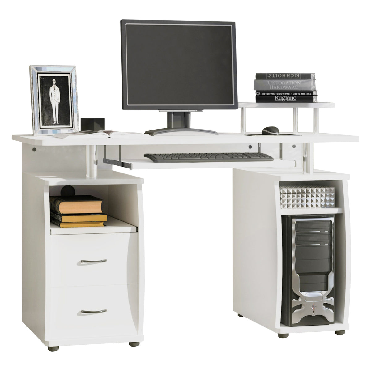 White computer workstation with raised monitor shelf, keyboard tray, side drawers and CPU compartment