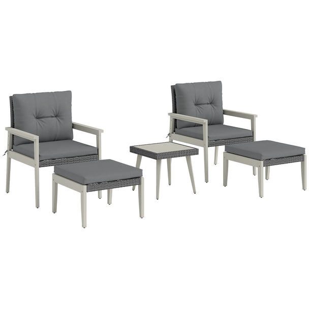 5-piece grey rattan armchair set with footstools and acacia wood-top table