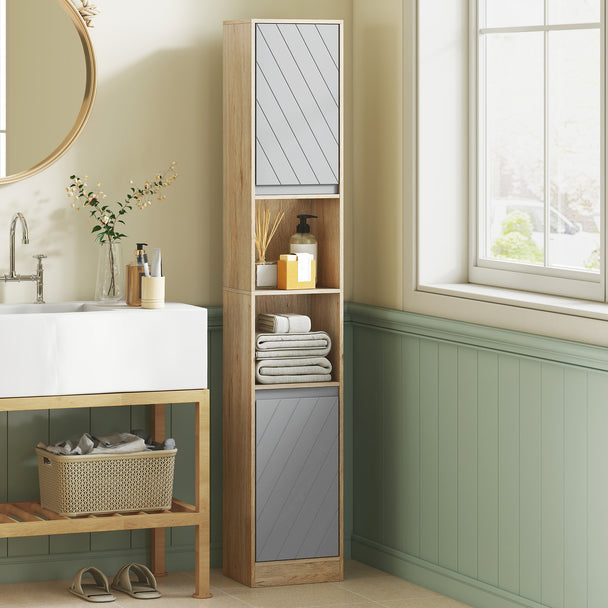 Narrow grey and oak bathroom cabinet – image 2