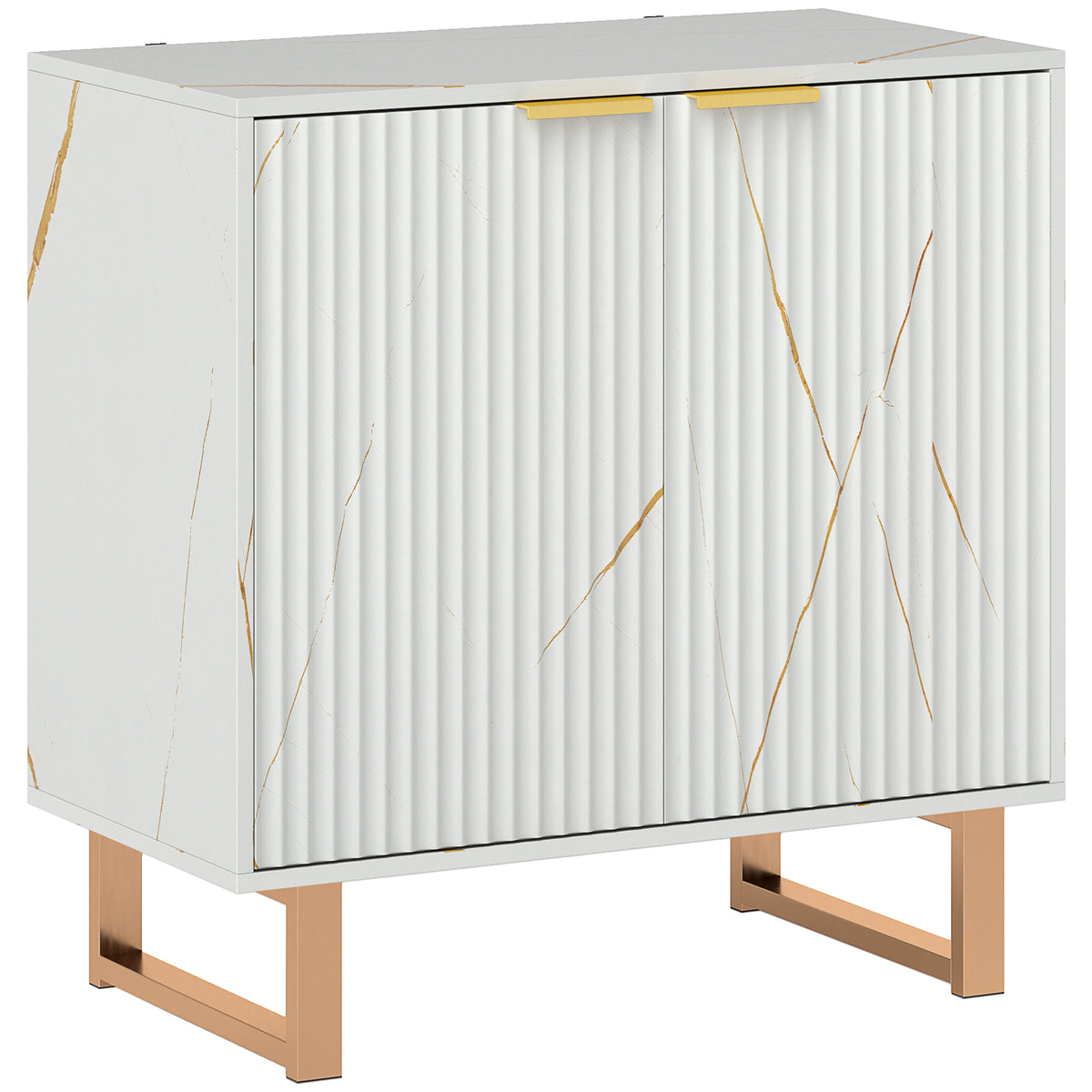 White sideboard with ribbed front, gold accents and metal legs