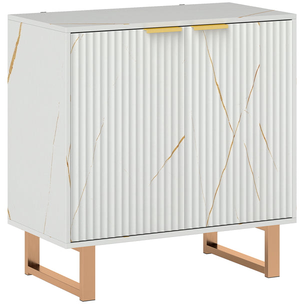 White sideboard with ribbed front, gold accents and metal legs