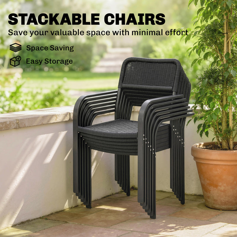 Outsunny Garden Dining Set for 6, Faux Wood Metal Outdoor Table and Stackable Chairs with Plastic Rattan Effect Seat – view 7