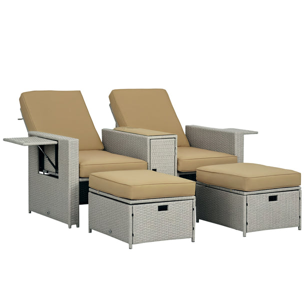 Khaki 5-piece reclining rattan lounger set with beige cushions, storage footstools and glass side table