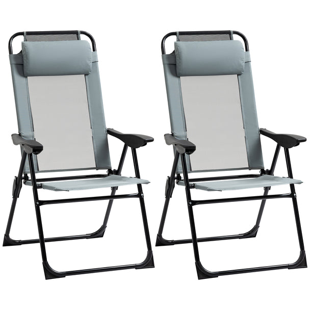 Pair of grey folding high-back garden chairs with mesh seats and padded headrests