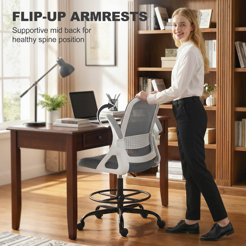 HOMCOM Painting Chair, Mesh Computer Desk Chair with Flip-up Armrests, Grey – view 6