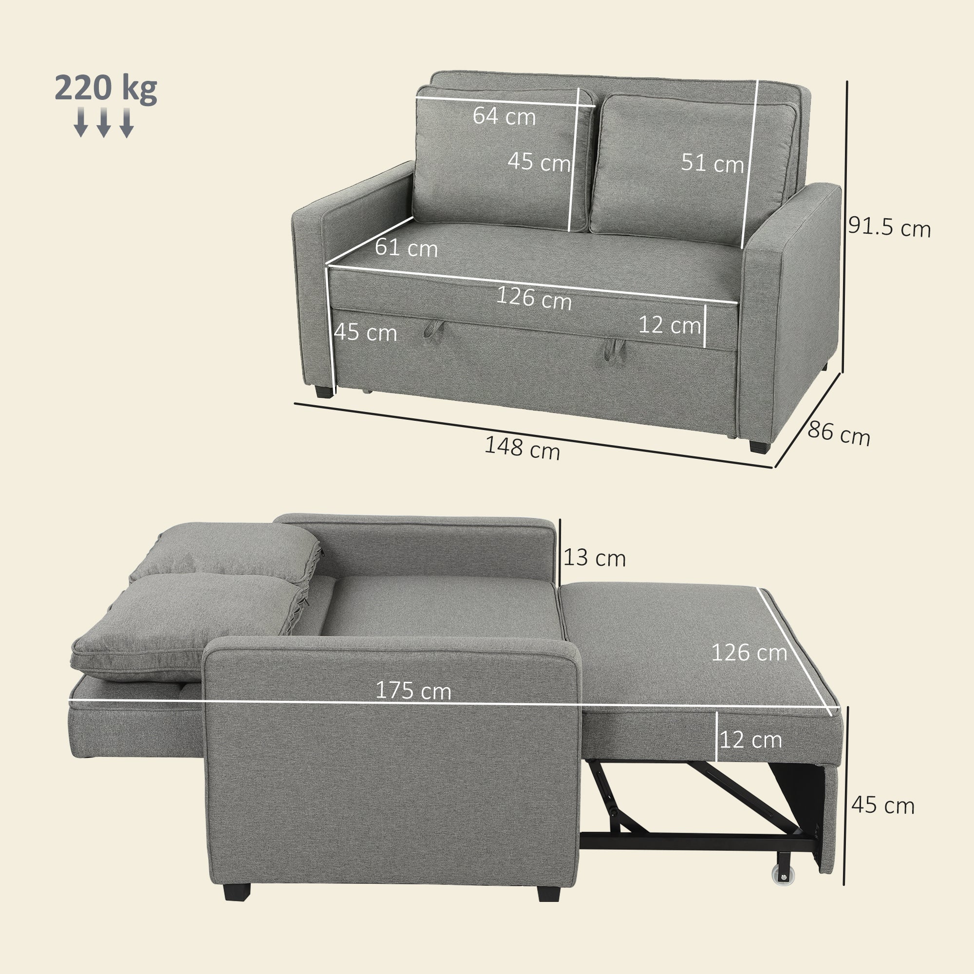 Double Sofa Bed Click Clack Sofa Bed Pull Out Bed with Adjustable Backrest for Living Room and Bedroom Grey