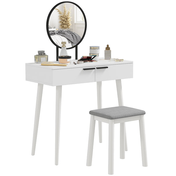 White dressing table with round mirror, two drawers and matching padded stool