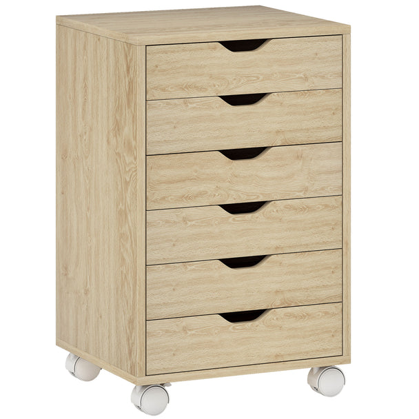 HOMCOM 6 Drawer Vertical File Cabinet, Mobile Filing Cabinet with Quiet Drawers and Wheels with 2 Brakes, Oak Wood