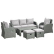 Light grey 6-piece rattan sofa set with 3-seater sofa, two reclining armchairs, footstools and coffee table