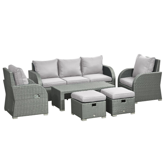 Light grey 6-piece rattan sofa set with 3-seater sofa, two reclining armchairs, footstools and coffee table