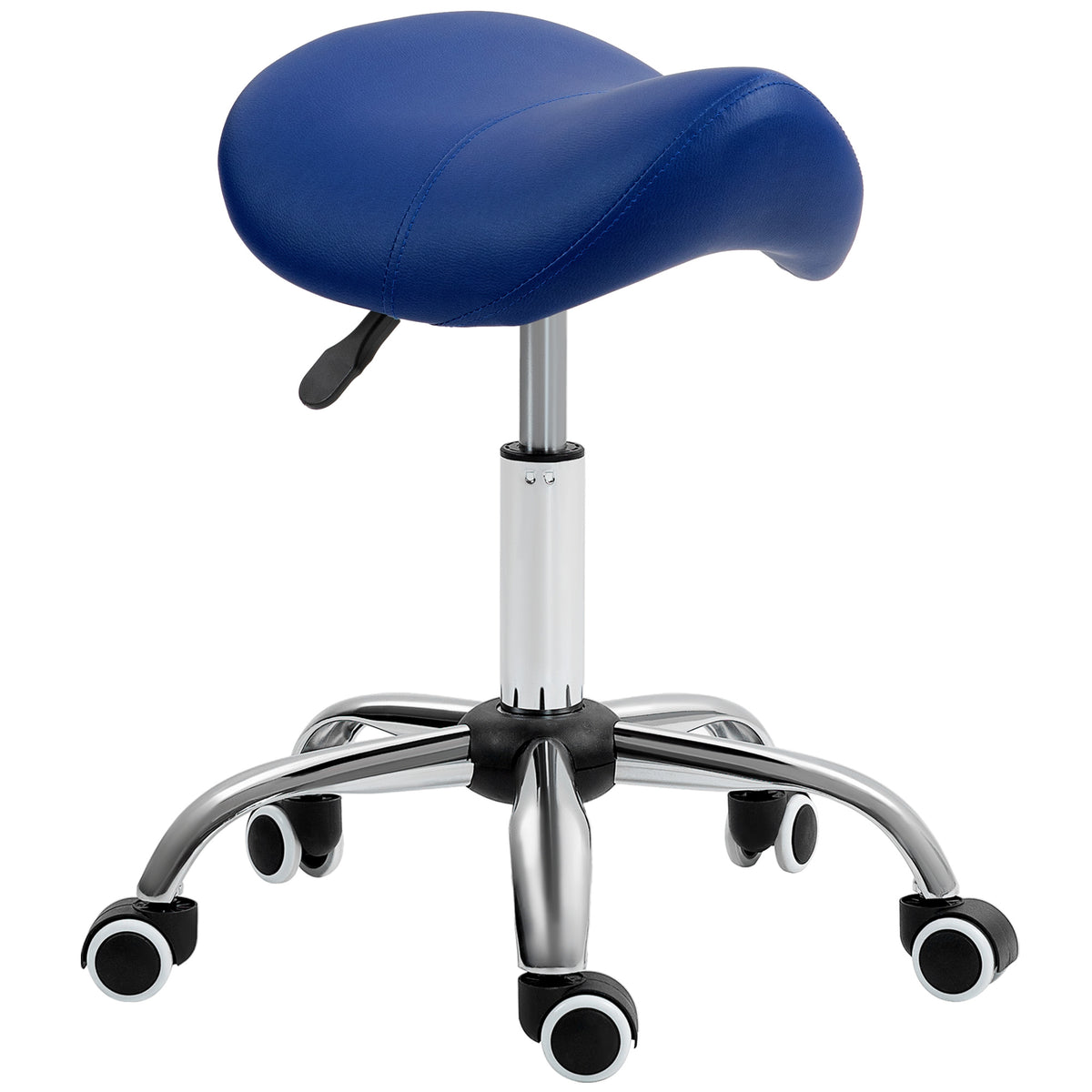 Dark blue faux leather saddle stool with hydraulic height adjustment and five wheels