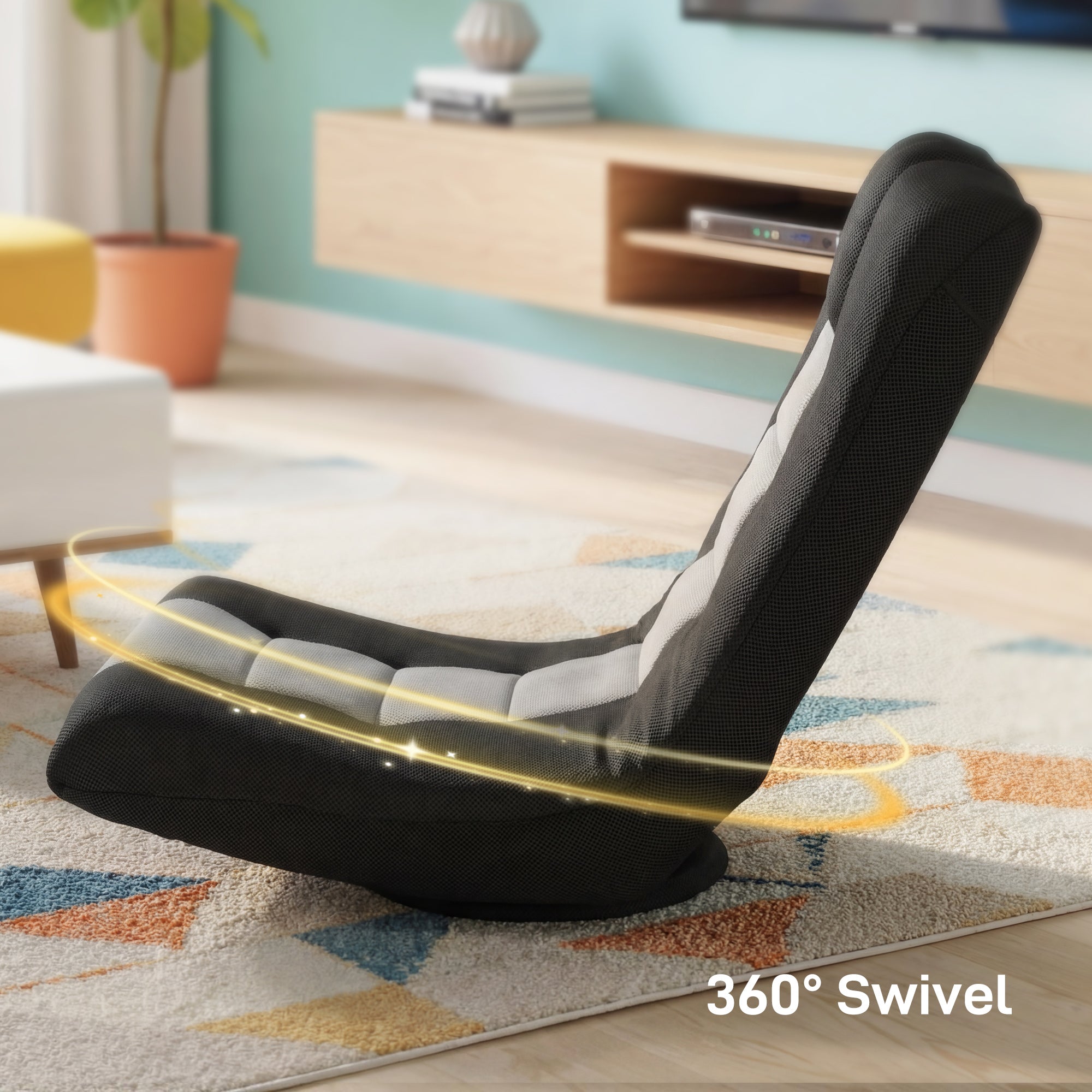 Floor Chair, Folding Floor Sofa with Adjustable Backrest, Wide Seat, Swivel Base, Black