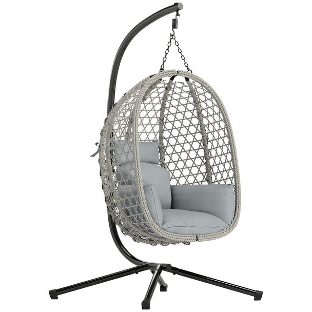Outsunny Hanging Egg Chair, Indoor Outdoor Rattan Hammock Swing Chair with Stand, Safety Strap, Foldable Basket, Light