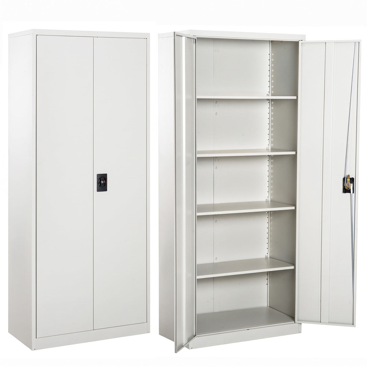 Cream white tall lockable steel filing cabinet with two doors and adjustable shelves