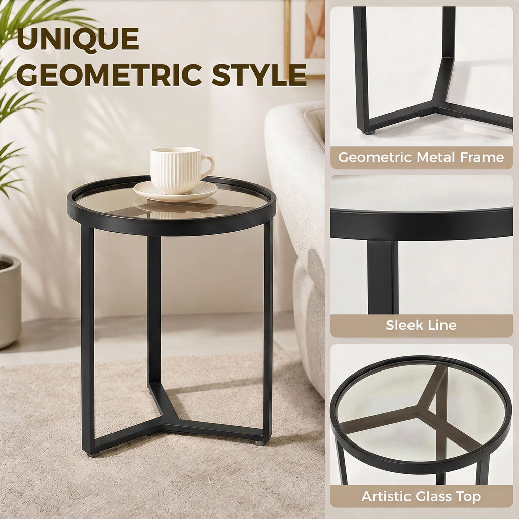 Round Side Table with Tempered Glass Top and Geometric Metal Frame for Small Space, Black