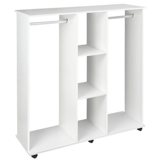 White 120 cm double open wardrobe with two hanging rails, centre cube shelves and six wheels