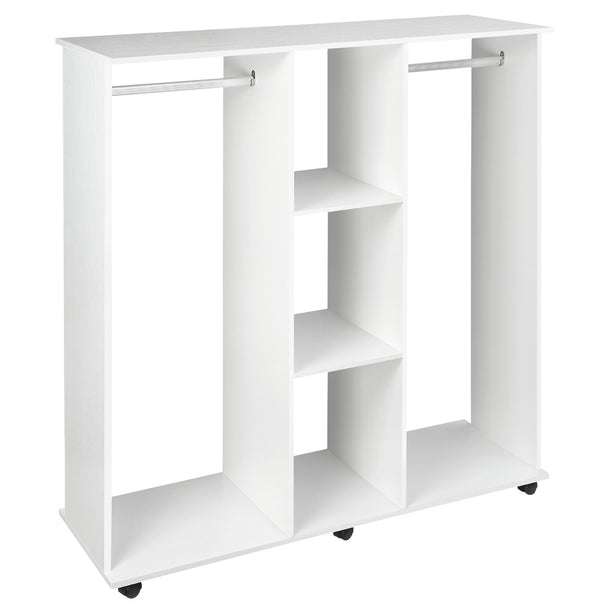White 120 cm double open wardrobe with two hanging rails, centre cube shelves and six wheels