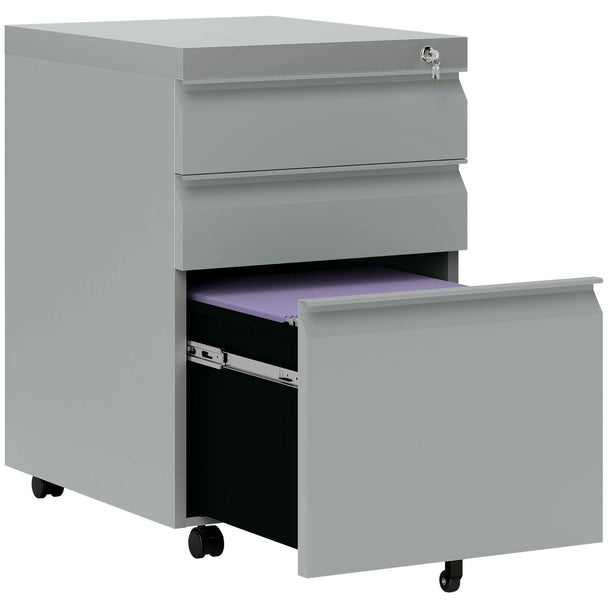 Grey steel three-drawer mobile filing cabinet with pull handles and top lock
