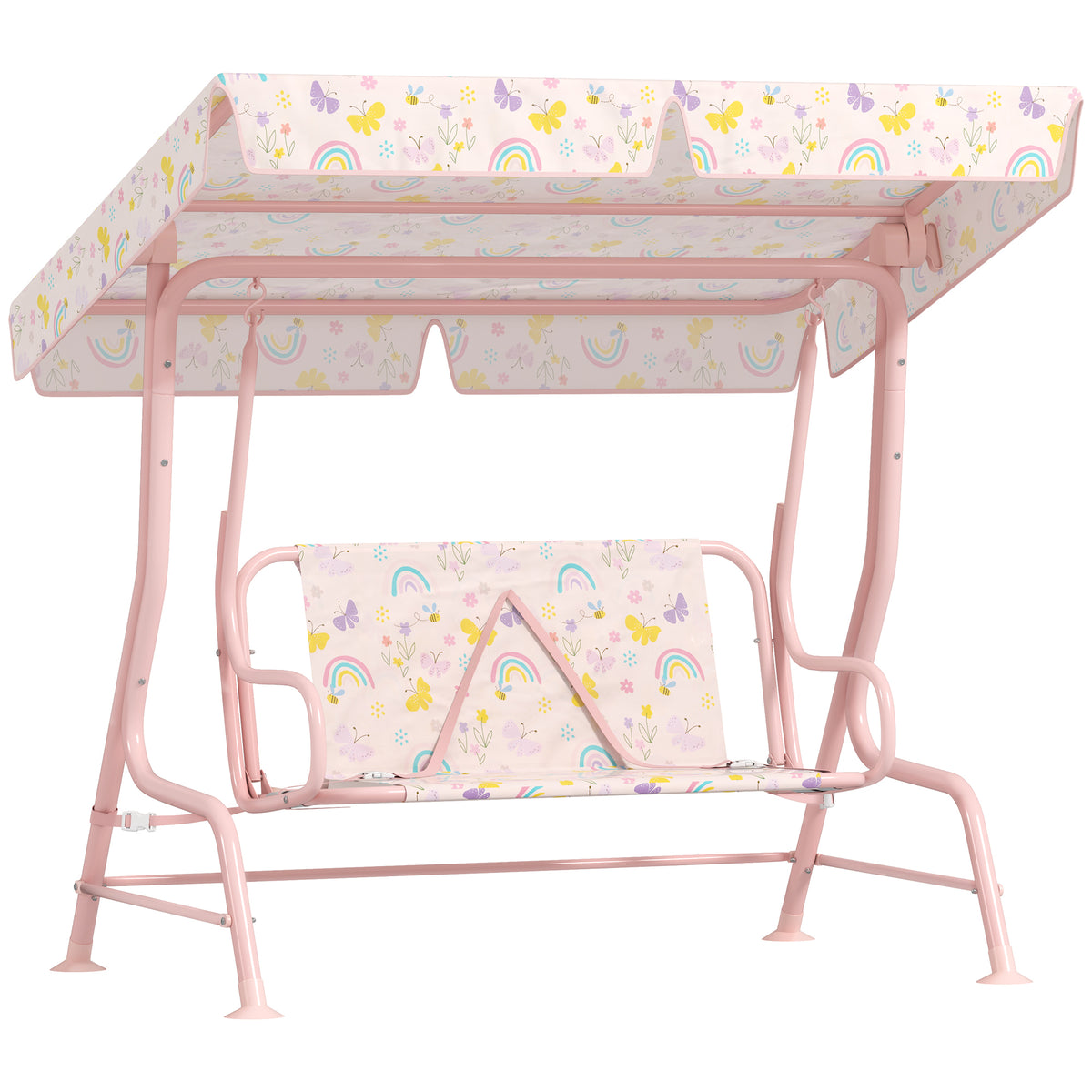Pink kids' 2-seater garden swing chair with rainbow-print seat, adjustable canopy and steel frame