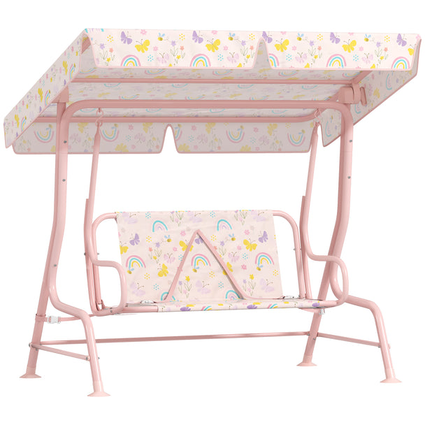Pink kids' 2-seater garden swing chair with rainbow-print seat, adjustable canopy and steel frame