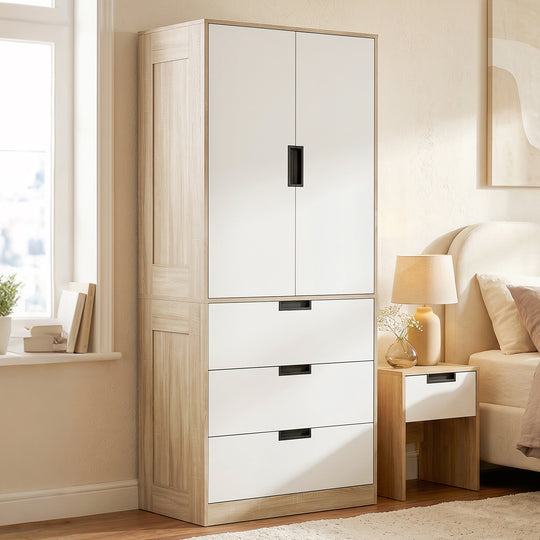 Oak and white double wardrobe with 3 drawers – image 2