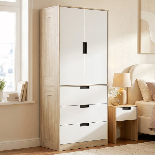 Oak and white double wardrobe with 3 drawers – image 2