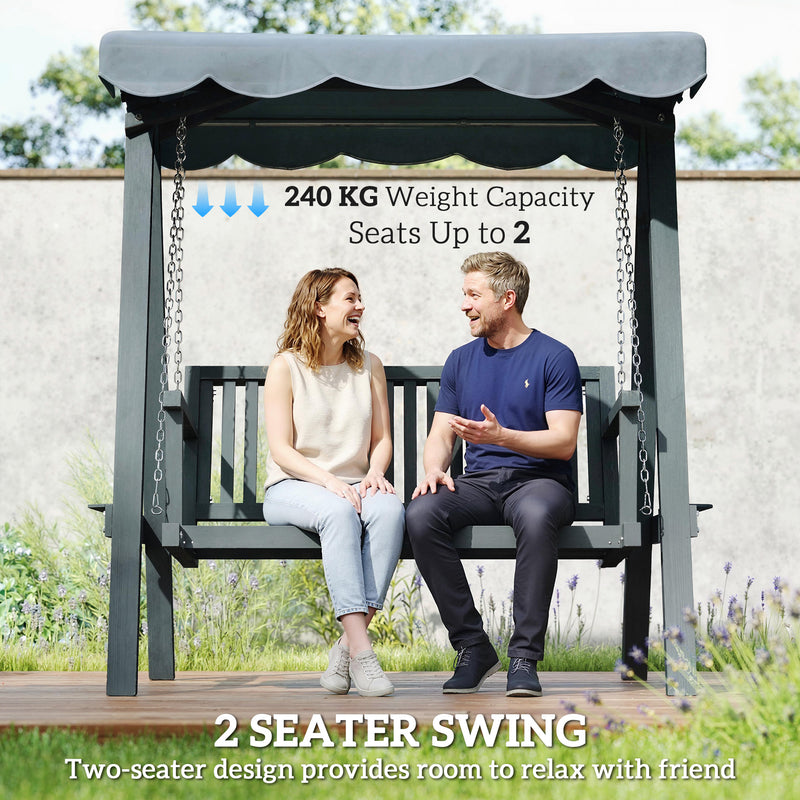 Outsunny 2 Seater Garden Swing Seat with Canopy, Wooden Swing Chair, Outdoor Hammock Bench for Balcony Patio Porch, Grey – view 6