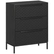 Black 3-drawer fabric chest of drawers with diamond-stitched fronts and aluminium handles