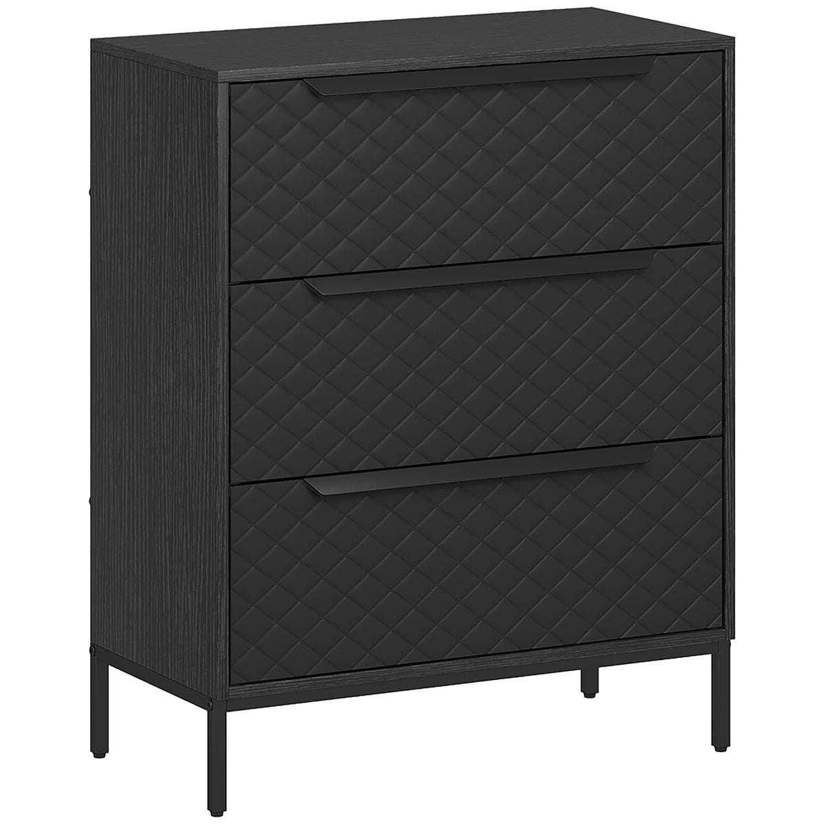 Black 3-drawer fabric chest of drawers with diamond-stitched fronts and aluminium handles