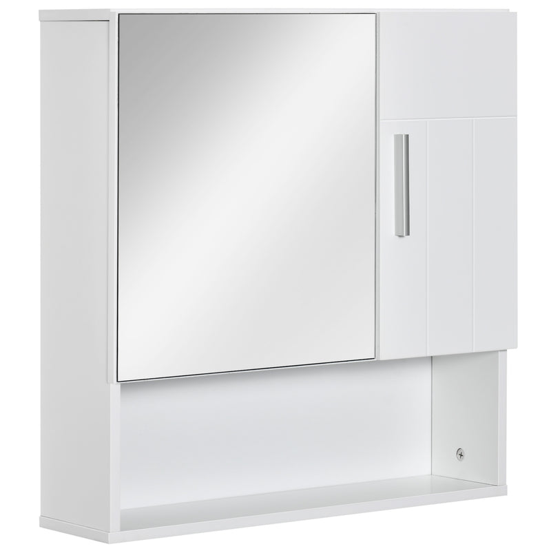 White wall-mounted mirror cabinet with mirrored door, side cupboard and open bottom shelf