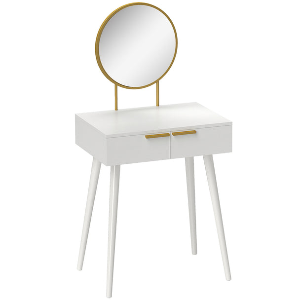 Compact white 60 cm dressing table with round mirror and two drawers on angled wooden legs