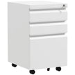 White steel under-desk 3-drawer filing cabinet with recessed handles and key lock on castor wheels