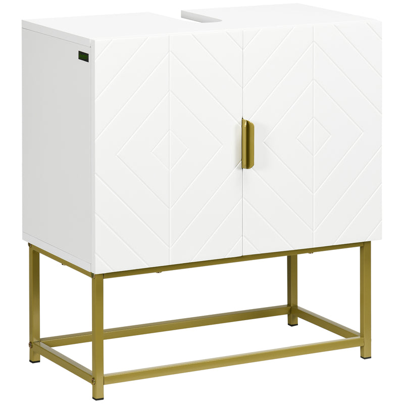 White under sink bathroom cabinet with embossed doors and gold steel legs