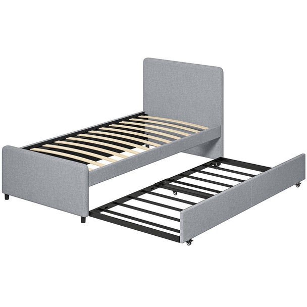 Light grey upholstered 3ft single bed frame with padded headboard and pull-out trundle