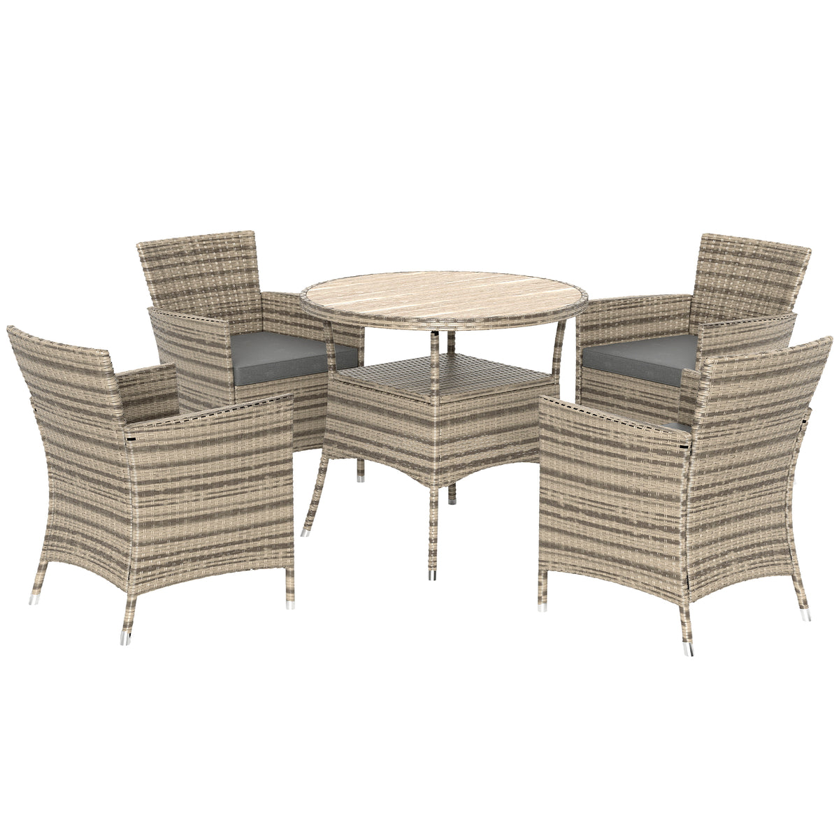 5-piece grey rattan garden dining set with four high-back armchairs and two-tier wood-effect table