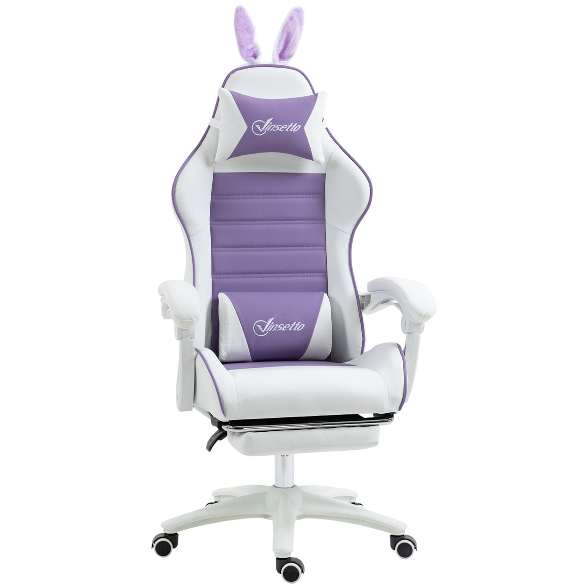 Purple and white faux leather gaming chair with fluffy bunny ears, head and lumbar pillows and pull-out footrest