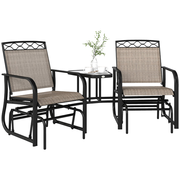 Brown and black double garden glider with mesh seats and tempered glass middle table